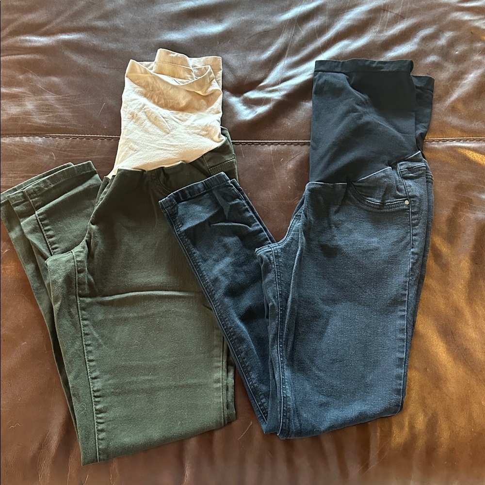 Two pairs of maternity jeggings black olive green large